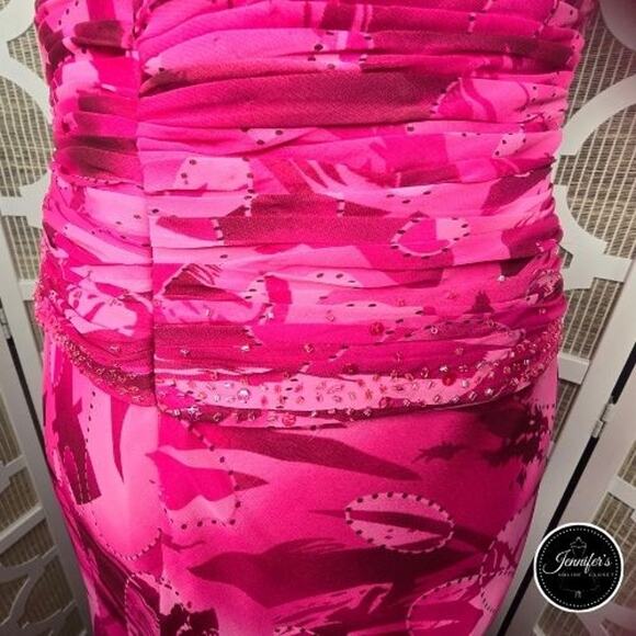 Capri by Mon Cheri Hot Pink Ruched Beaded Bodice A-Line Flared Long Dress 10/12 - Picture 10 of 14